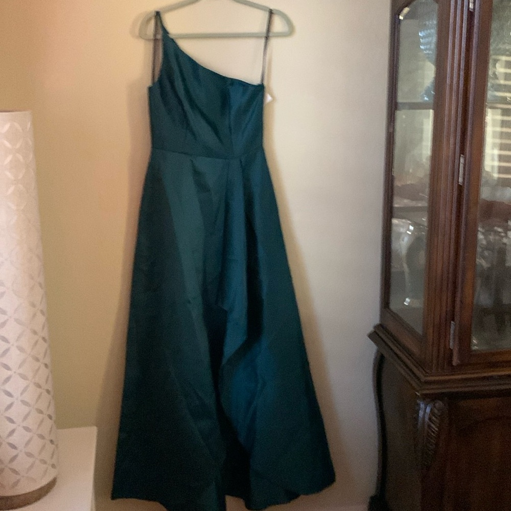 Alfred Sung one shoulder hand cocktail dark green satin solid long dress